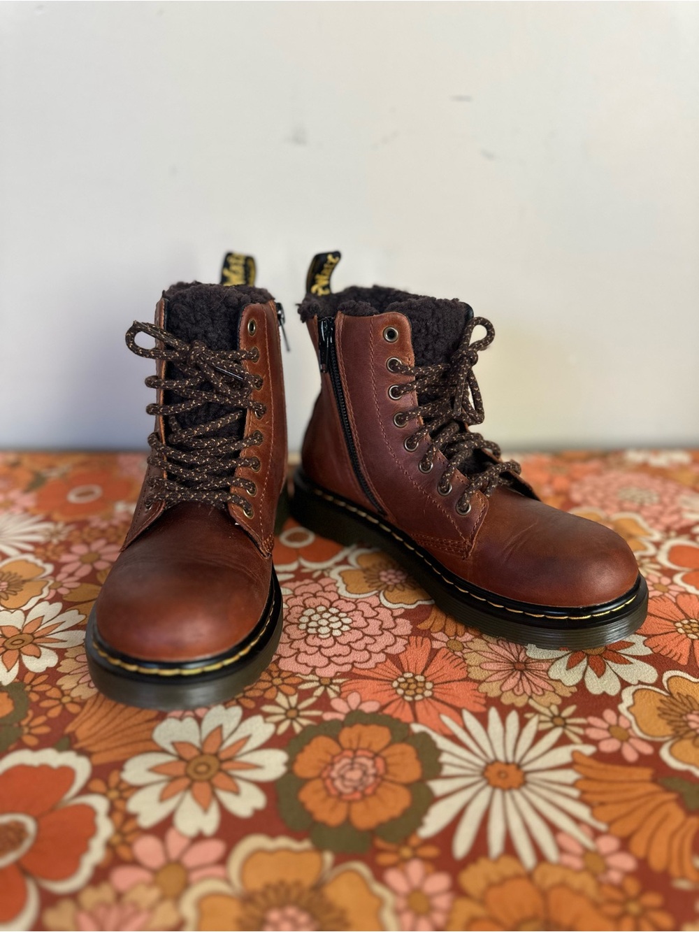 Dr. Martens Kids Brown Leather Lace-Up Side-Zip Shearling Boots Fall Winter
